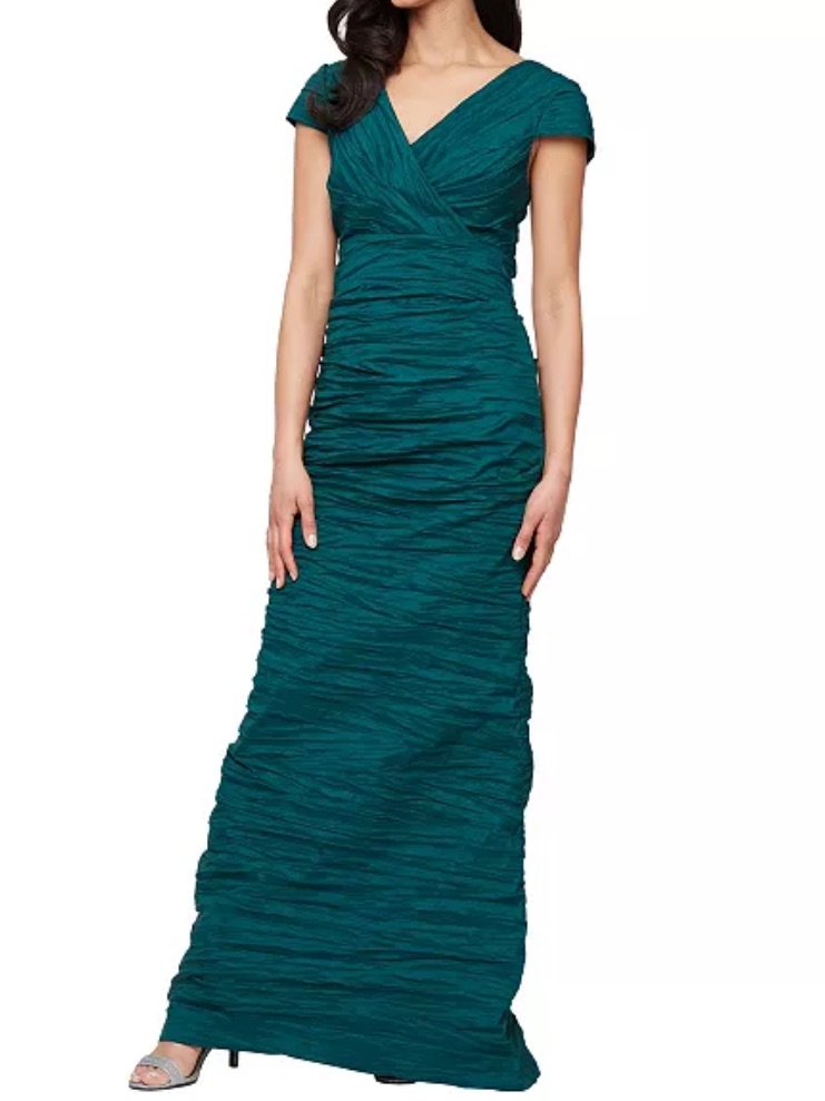 Alex Evenings Women's Crinkle Stretch Taffeta Mermaid Gown Green Size 14 Nwt